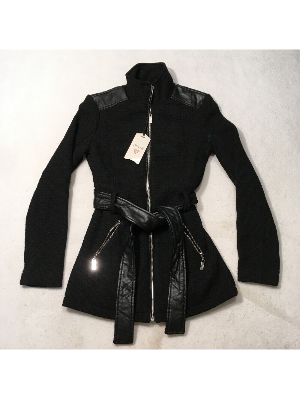 Guess Los Angeles Cyrene Boucle Zip Up Coat Black Wool Blend Belted Medium NWT